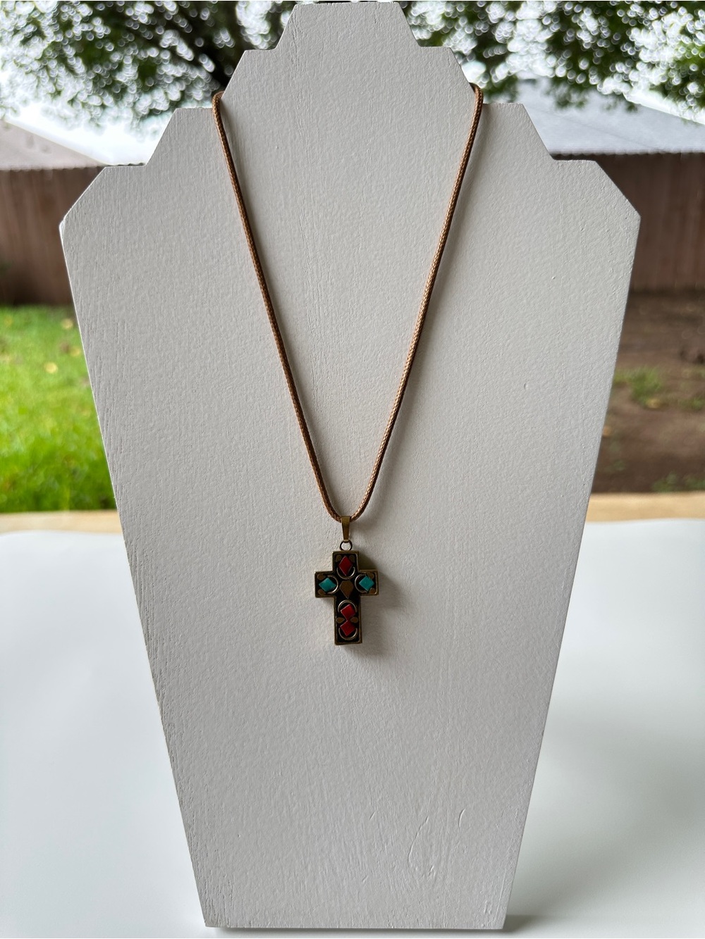 Cross Pendant Necklace with Red & Turquoise Inlay